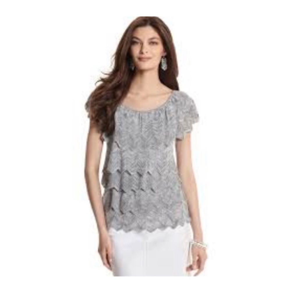 White House Black Market Metallic Zig Zag Tiered Short Sleeve Summer Sweater